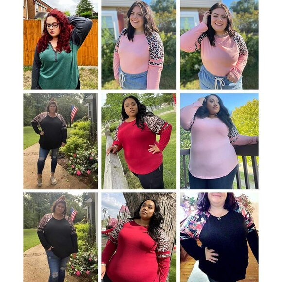 Plus Size Long Sleeve Raglan Top Color Block Leopard Plaid Comfortable - Picture 4 of 6